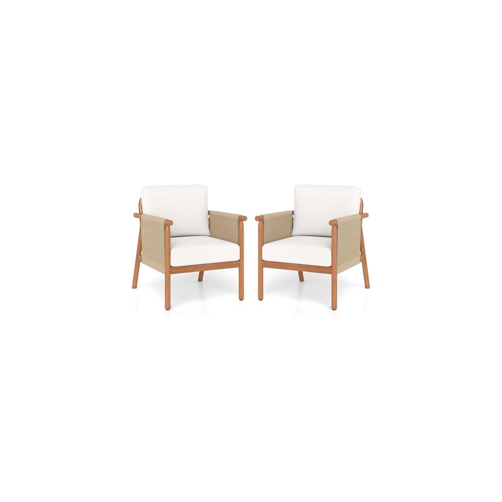 Tangkula Acacia Wood Patio Club Chair, Boho Accent Chair with Woven Rope Armrests & Seat Back Cushions, Indoor Outdoor Wooden Leisure Sofa for Backyard, Porch, Balcony, Living Room (White)