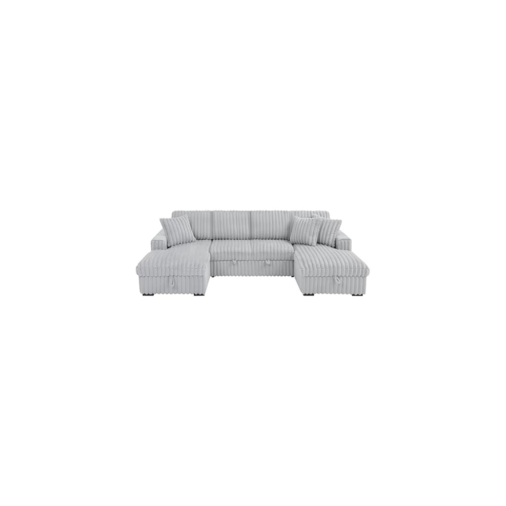 KEIKI U Shaped Sleeper Sofa 122" Oversized Sectional Couch with Pull Out Bed & Double Storage Chaise, Modern Rabbit Plush Corduroy Fabric Convertible Sofa Bed with Square Arms for Living Room, Gray