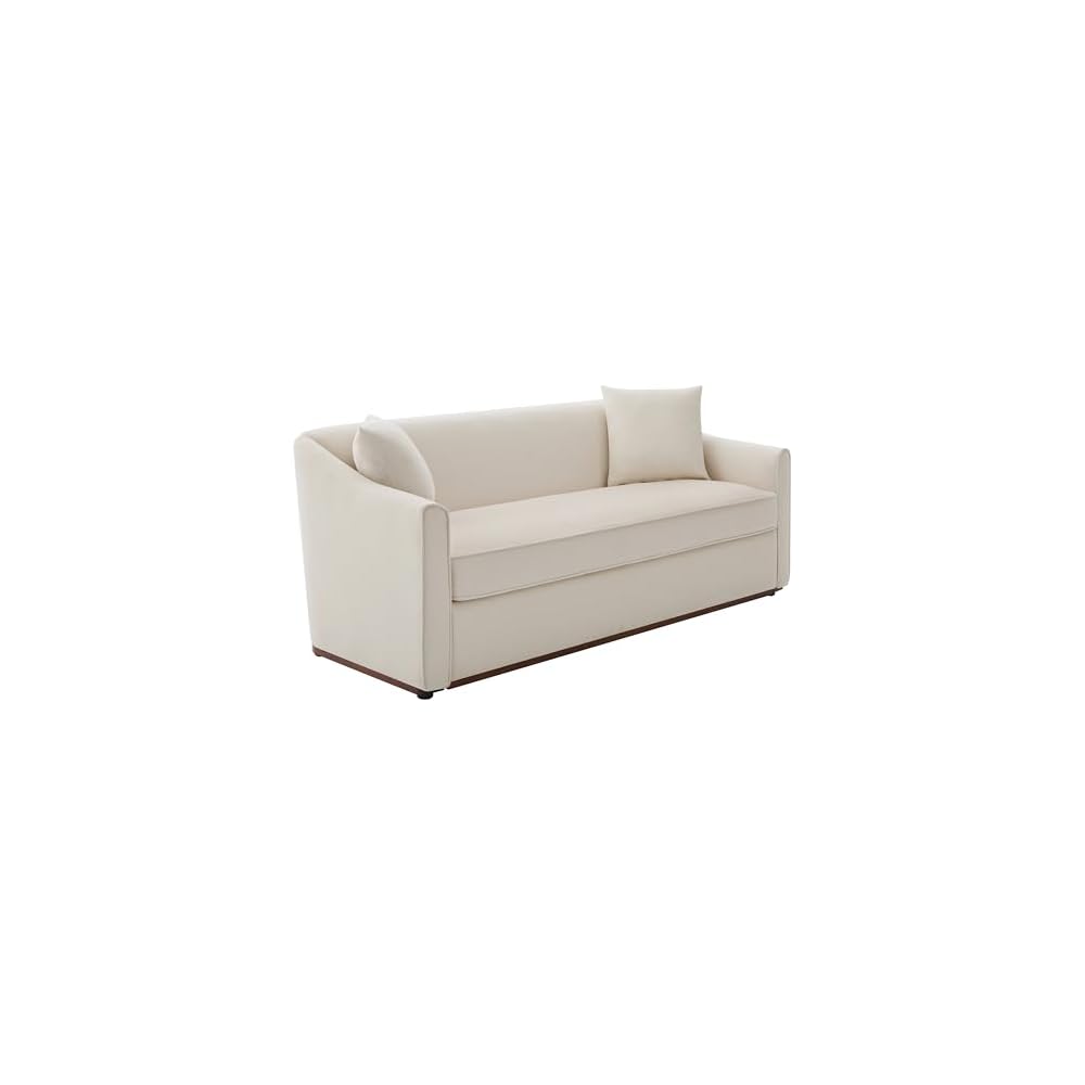 Christopher Knight Home 75.78" Modern 3-Seater Sofa Upholstered Couch with Wrap-Around Armrests Solid Rubberwood Base Includes 2 Throw Pillows for Living Room, Beige