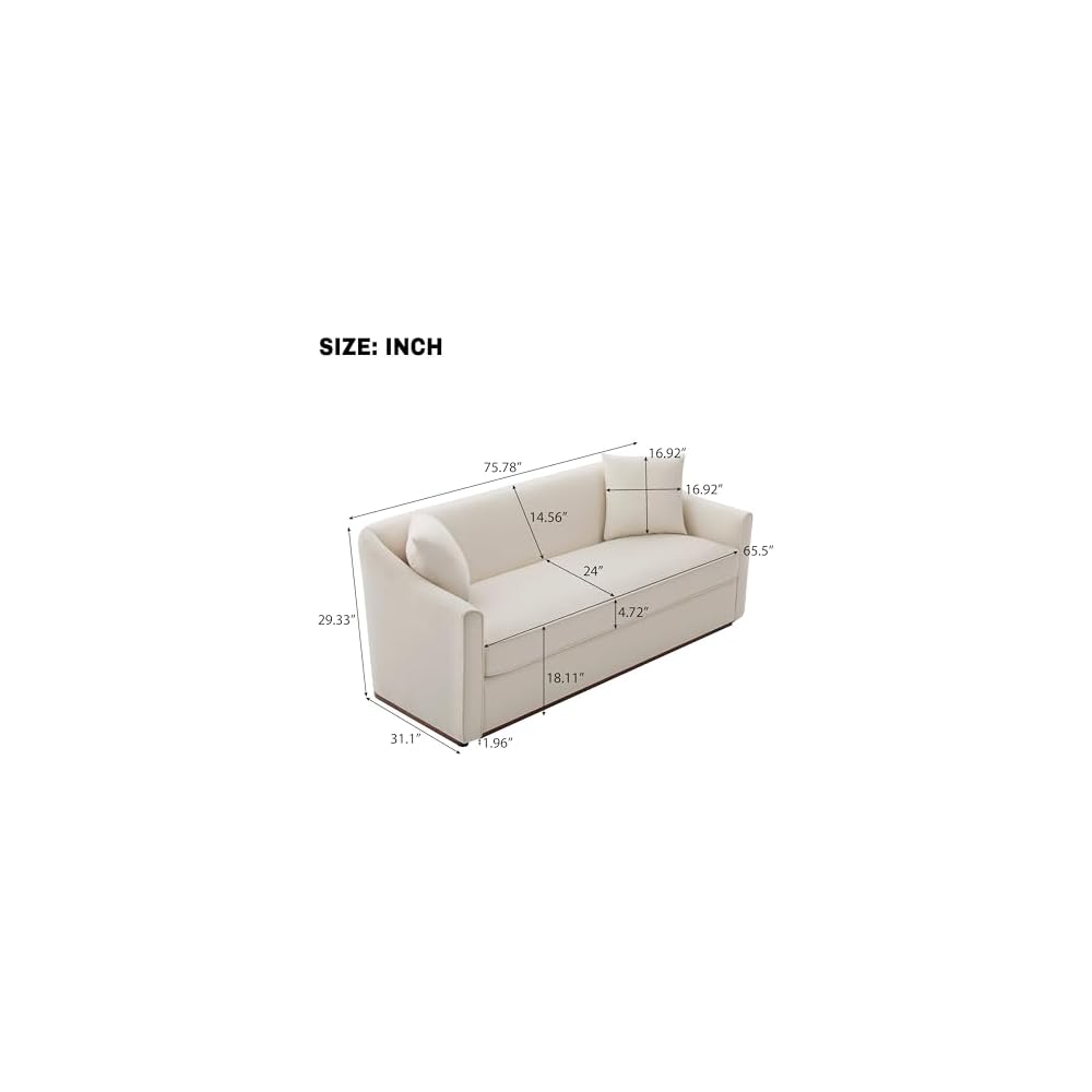 Christopher Knight Home 75.78" Modern 3-Seater Sofa Upholstered Couch with Wrap-Around Armrests Solid Rubberwood Base Includes 2 Throw Pillows for Living Room, Beige