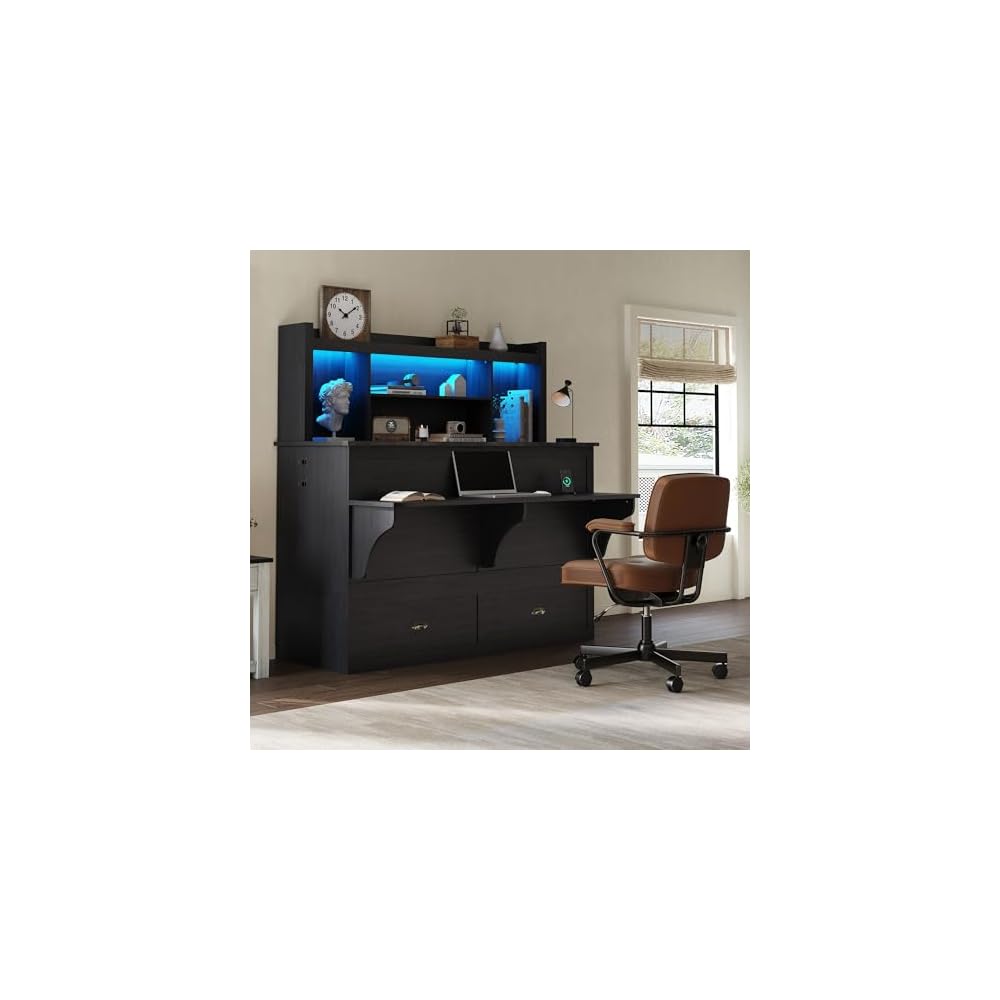 AMERLIFE Queen Murphy Bed with Bookcase Headboard & LED Light, Farmhouse Cabinet Bed with Storage Drawer, Charging Station and Desk for Home Office/Guest Room/Small Spaces, Black