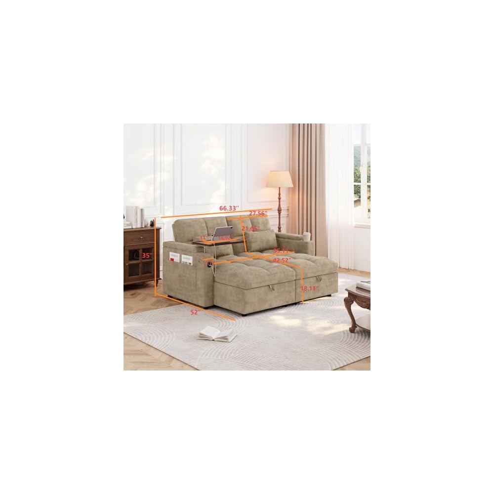 66" 2-Piece Modular Sleeper Sofa with Dual Storage and 5-Position Backrest