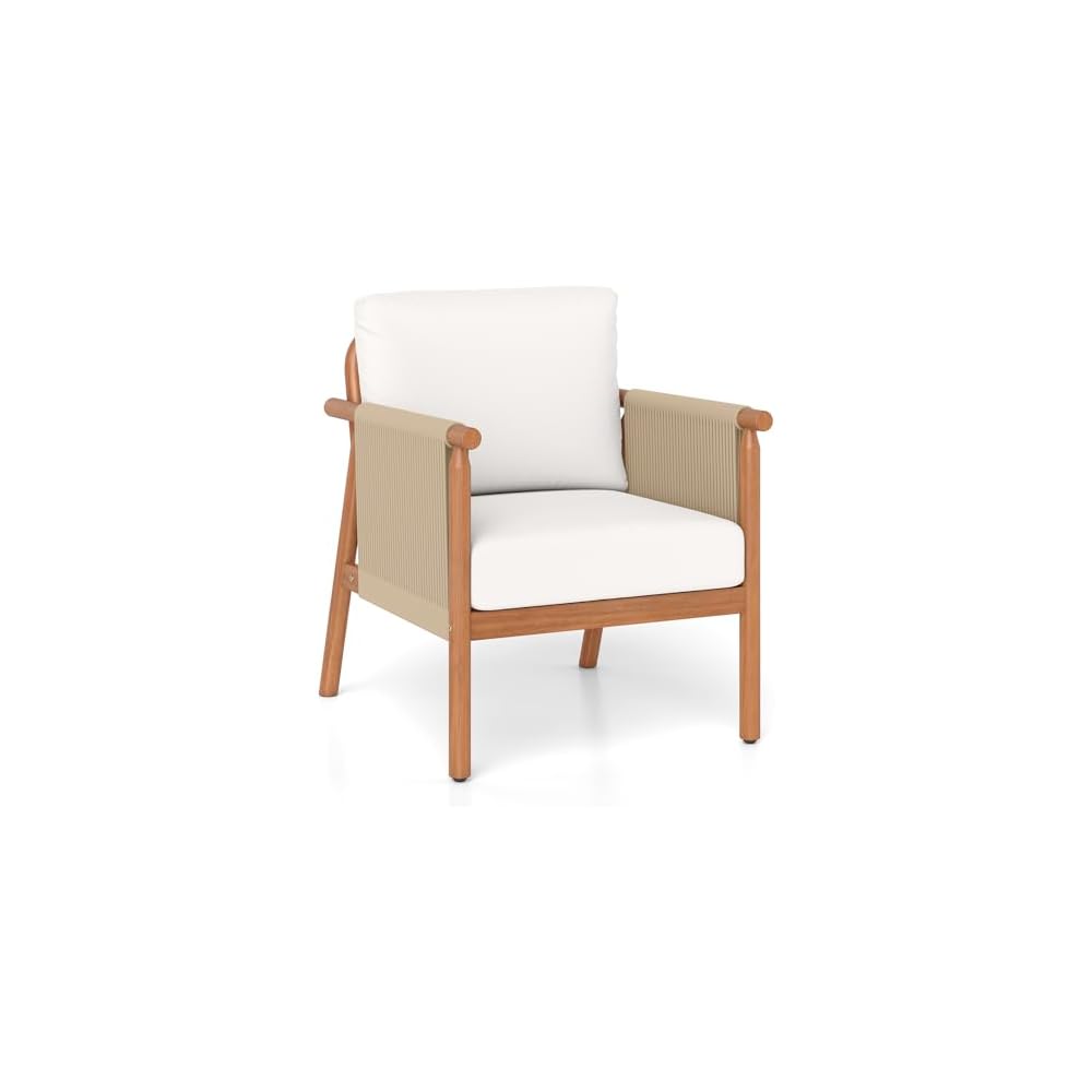 Tangkula Acacia Wood Patio Club Chair, Boho Accent Chair with Woven Rope Armrests & Seat Back Cushions, Indoor Outdoor Wooden Leisure Sofa for Backyard, Porch, Balcony, Living Room (White)
