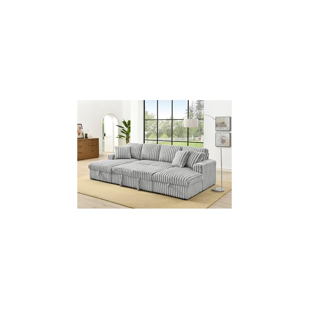 KEIKI U Shaped Sleeper Sofa 122" Oversized Sectional Couch with Pull Out Bed & Double Storage Chaise, Modern Rabbit Plush Corduroy Fabric Convertible Sofa Bed with Square Arms for Living Room, Gray