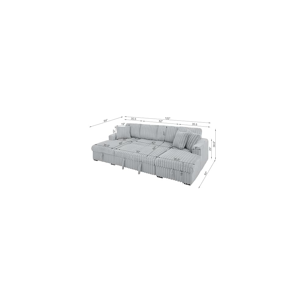 KEIKI U Shaped Sleeper Sofa 122" Oversized Sectional Couch with Pull Out Bed & Double Storage Chaise, Modern Rabbit Plush Corduroy Fabric Convertible Sofa Bed with Square Arms for Living Room, Gray