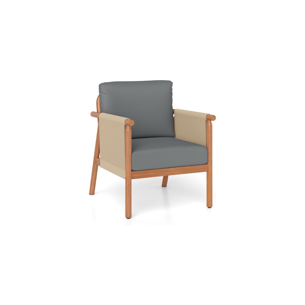 Tangkula Acacia Wood Patio Club Chair, Boho Accent Chair with Woven Rope Armrests & Seat Back Cushions, Indoor Outdoor Wooden Leisure Sofa for Backyard, Porch, Balcony, Living Room (White)