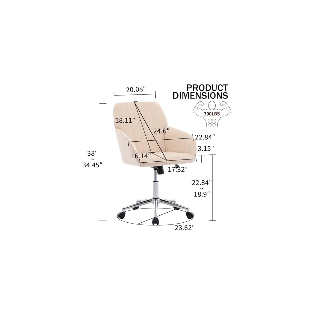 Adjustable Office Chair, Ergonomic Swivel Chair with Backrest, Comfortable Velvet Cushion for Long Sitting, Khaki, Ideal for Home and Office Use
