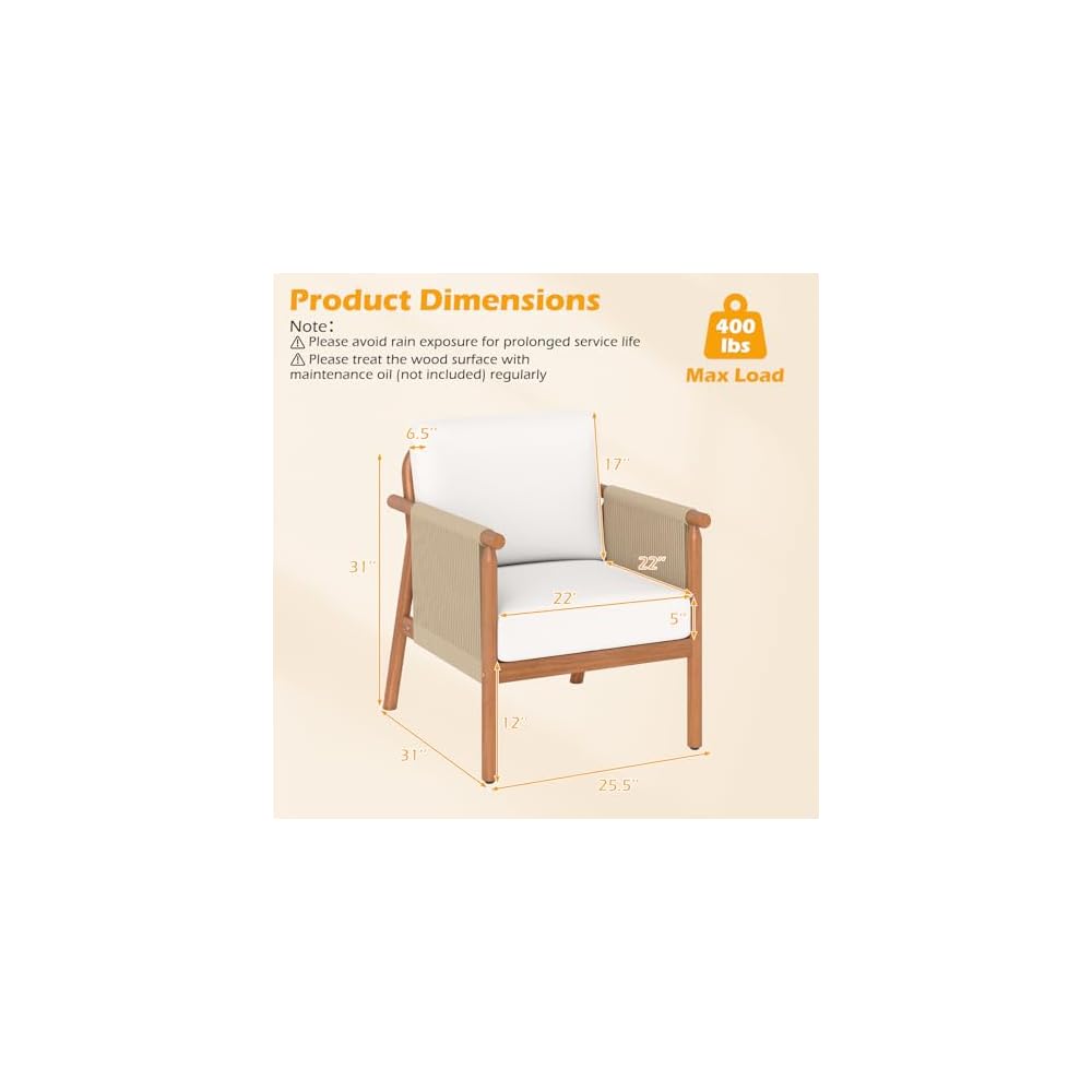 Tangkula Acacia Wood Patio Club Chair, Boho Accent Chair with Woven Rope Armrests & Seat Back Cushions, Indoor Outdoor Wooden Leisure Sofa for Backyard, Porch, Balcony, Living Room (White)