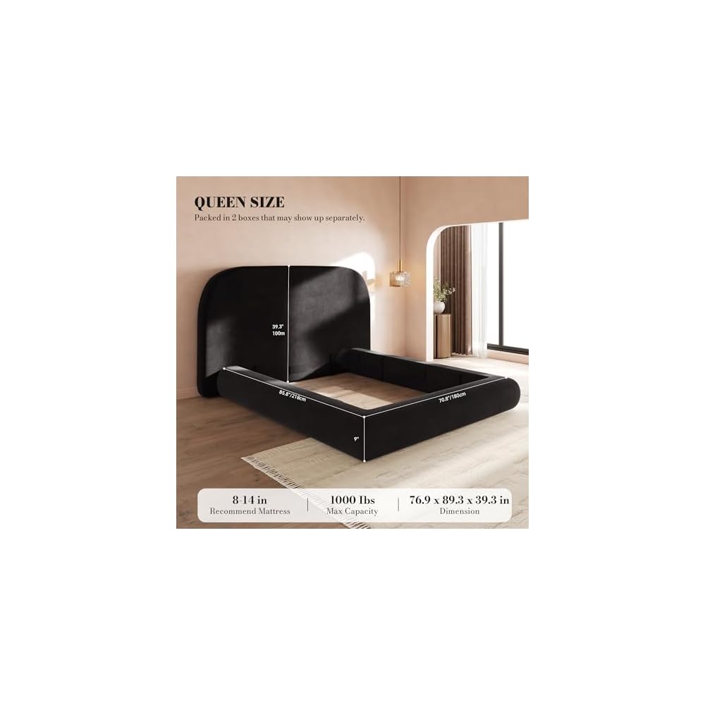 YITAHOME Queen Size Bed Frame, Curved Arched Soft Cloud Bed with Headboard