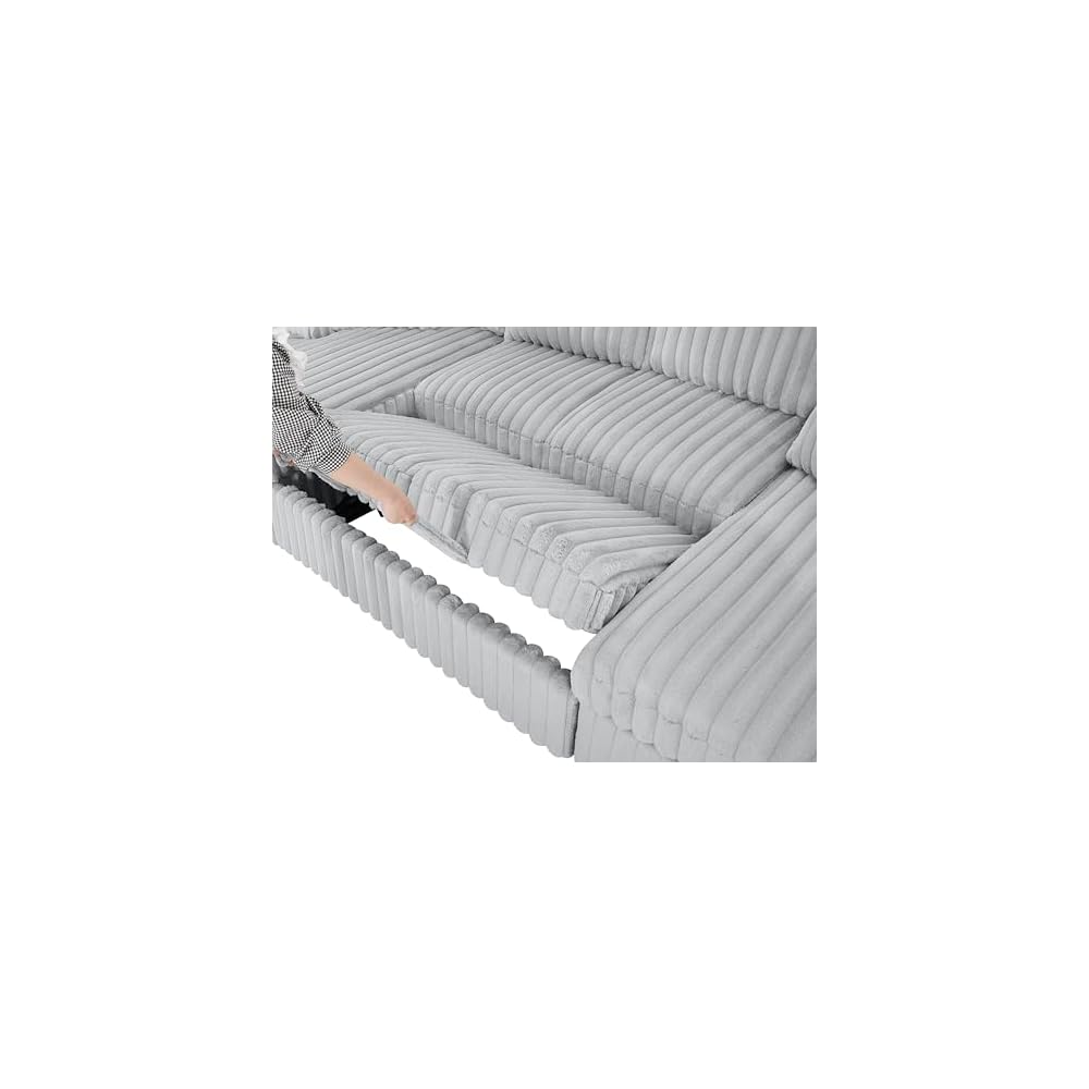 KEIKI U Shaped Sleeper Sofa 122" Oversized Sectional Couch with Pull Out Bed & Double Storage Chaise, Modern Rabbit Plush Corduroy Fabric Convertible Sofa Bed with Square Arms for Living Room, Gray