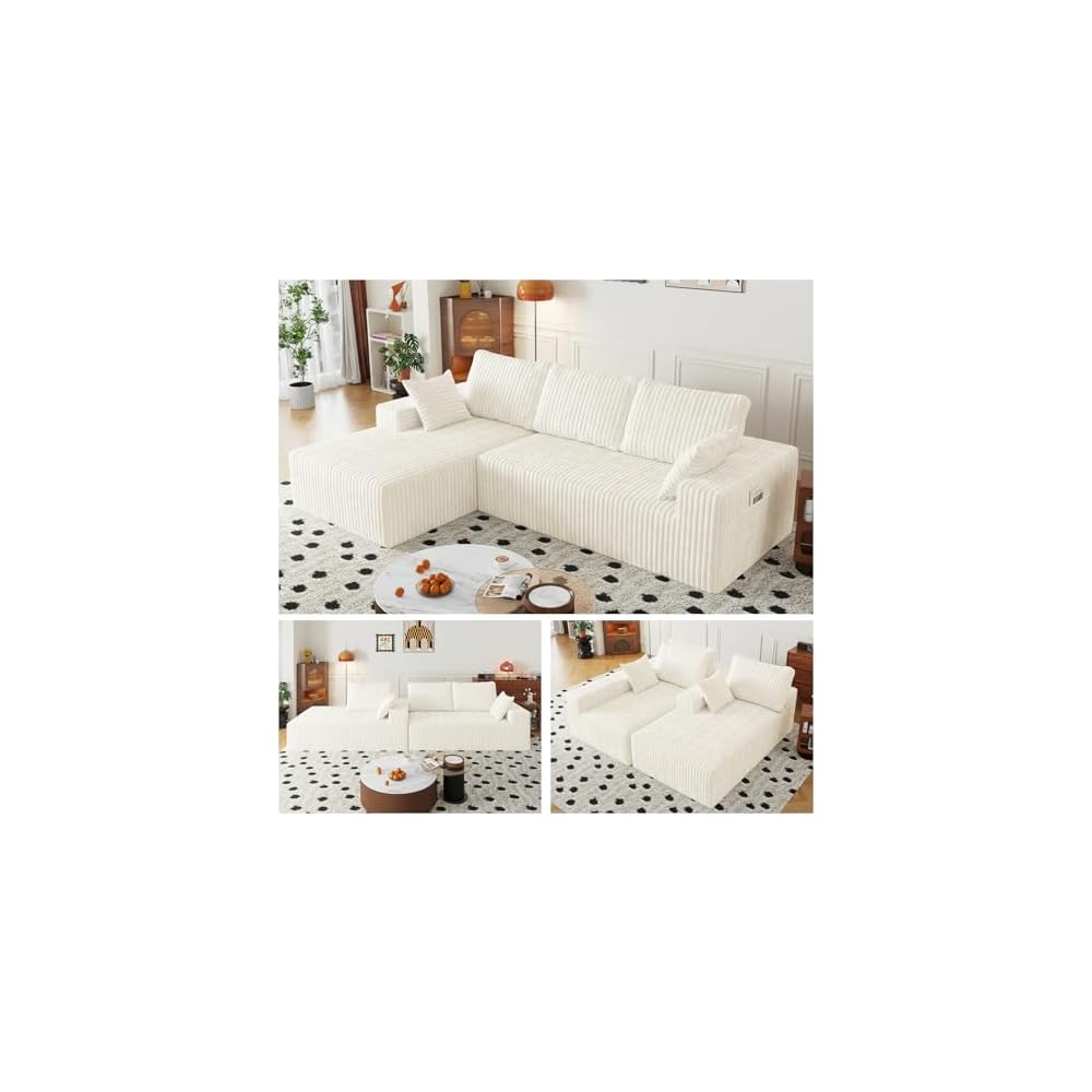 108" Modular Sectional Cloud Cream Couch for Living Room Deep Seat L Shapes Boneless Couch with Oversized Chaise Lounge, Comfy Memory Foam Flannel Fabric Sofa for Bedroom Apartment