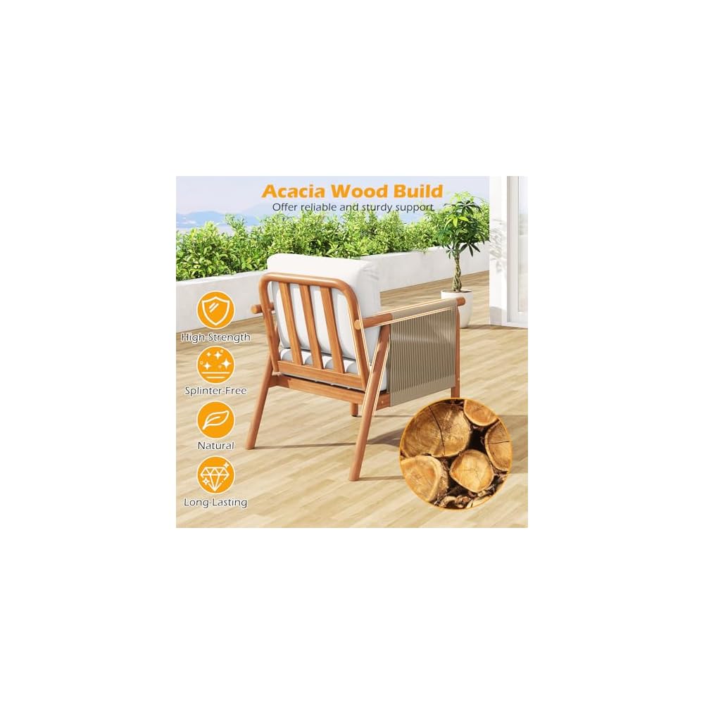 Tangkula Acacia Wood Patio Club Chair, Boho Accent Chair with Woven Rope Armrests & Seat Back Cushions, Indoor Outdoor Wooden Leisure Sofa for Backyard, Porch, Balcony, Living Room (White)