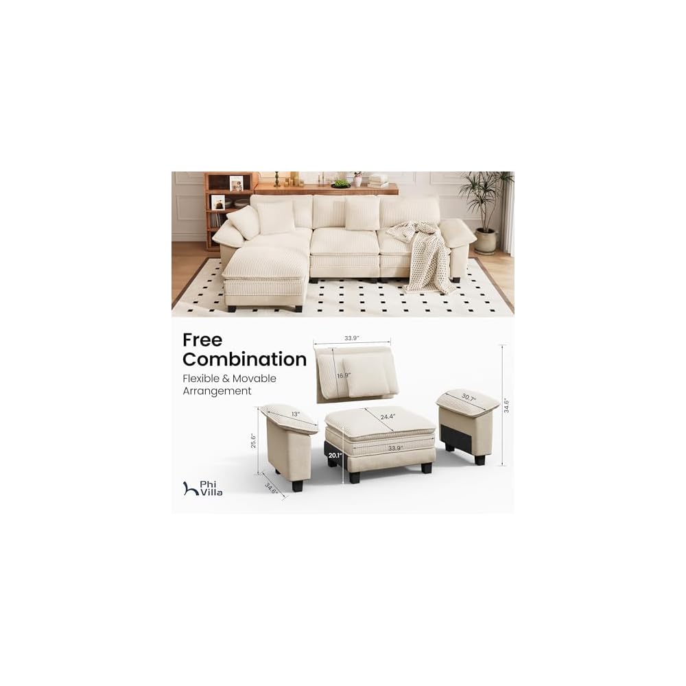 PHI VILLA 123.6" Oversized Modular Sectional Couch 4-Seat L Shaped Beige