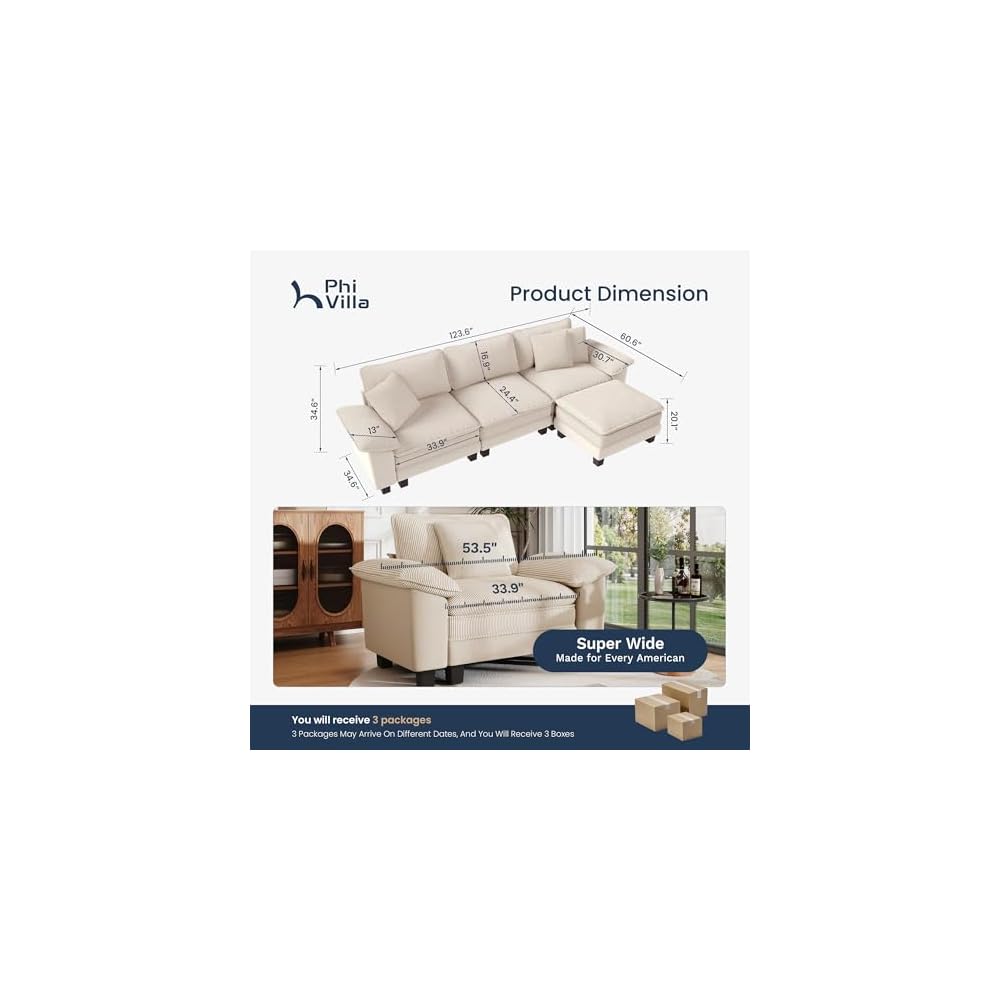 PHI VILLA 123.6" Oversized Modular Sectional Couch 4-Seat L Shaped Beige