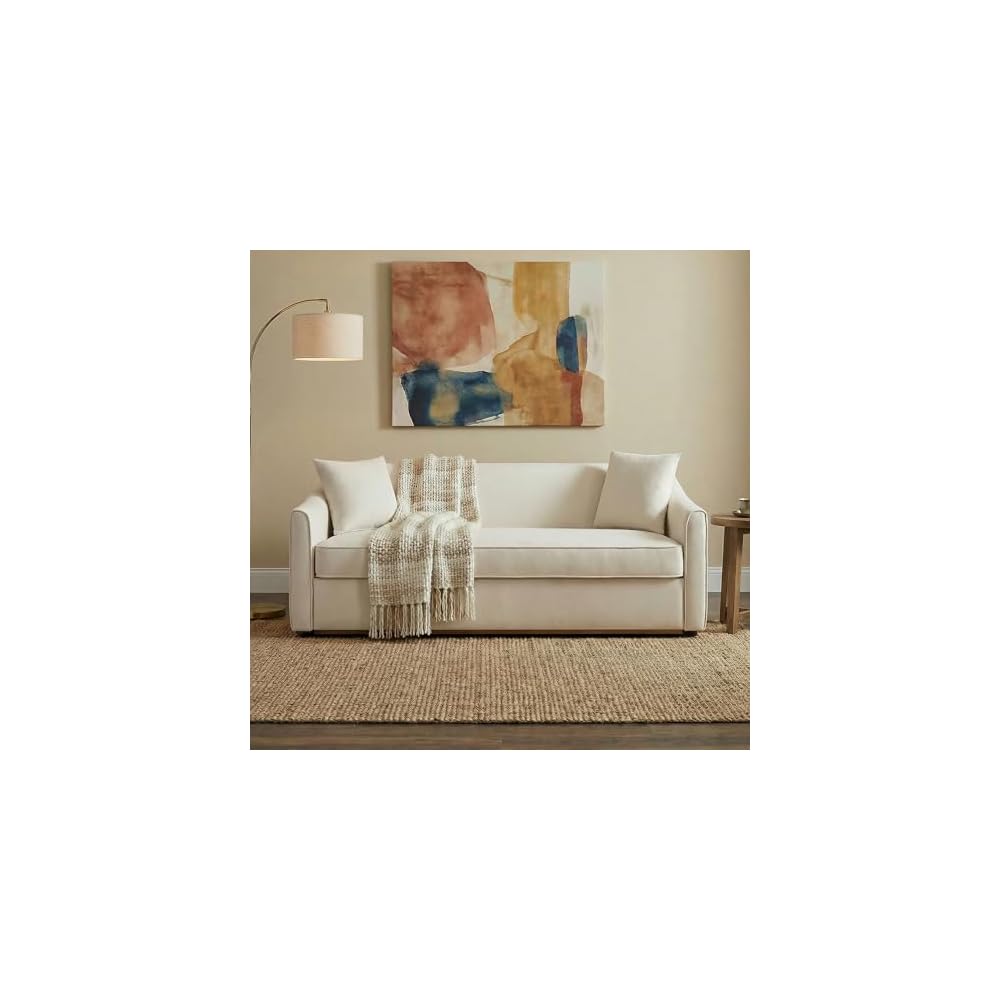 Christopher Knight Home 75.78" Modern 3-Seater Sofa Upholstered Couch with Wrap-Around Armrests Solid Rubberwood Base Includes 2 Throw Pillows for Living Room, Beige