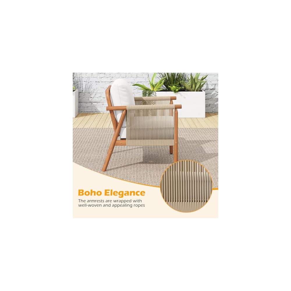 Tangkula Acacia Wood Patio Club Chair, Boho Accent Chair with Woven Rope Armrests & Seat Back Cushions, Indoor Outdoor Wooden Leisure Sofa for Backyard, Porch, Balcony, Living Room (White)