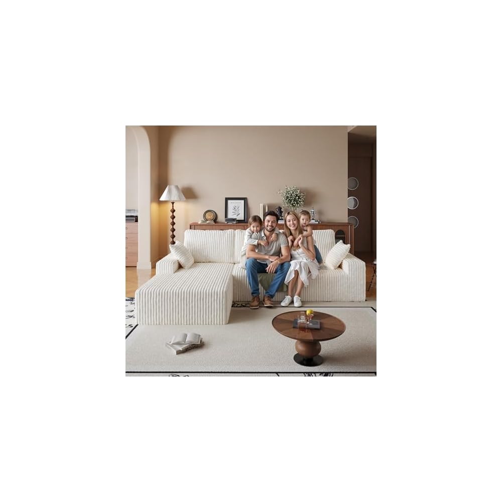 108" Modular Sectional Cloud Cream Couch for Living Room Deep Seat L Shapes Boneless Couch with Oversized Chaise Lounge, Comfy Memory Foam Flannel Fabric Sofa for Bedroom Apartment