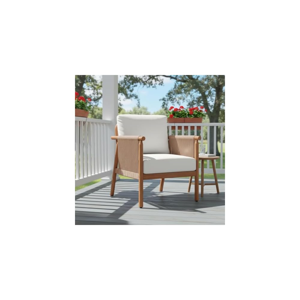 Tangkula Acacia Wood Patio Club Chair, Boho Accent Chair with Woven Rope Armrests & Seat Back Cushions, Indoor Outdoor Wooden Leisure Sofa for Backyard, Porch, Balcony, Living Room (White)