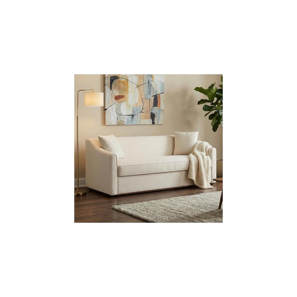 Christopher Knight Home 75.78" Modern 3-Seater Sofa Upholstered Couch with Wrap-Around Armrests Solid Rubberwood Base Includes 2 Throw Pillows for Living Room, Beige