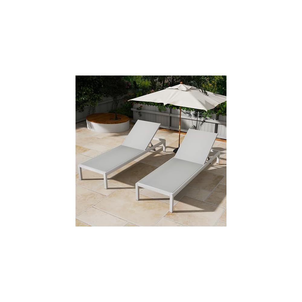 Merax Outdoor Patio Lounge Chair Set of 2, Chaise Waterproof Aluminum Adjustable, UV Resistant All Weather Use Chairs for Beach, Yard, Pool, Gray+White