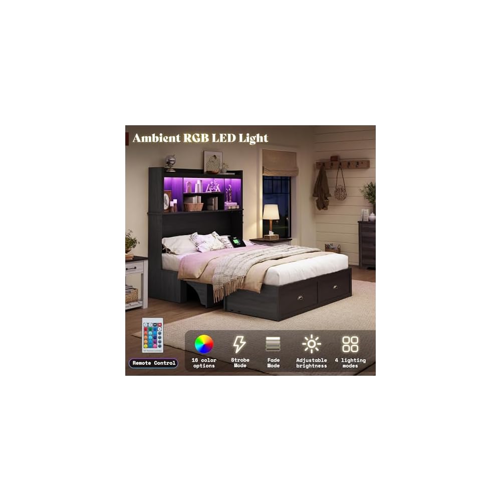 AMERLIFE Queen Murphy Bed with Bookcase Headboard & LED Light, Farmhouse Cabinet Bed with Storage Drawer, Charging Station and Desk for Home Office/Guest Room/Small Spaces, Black