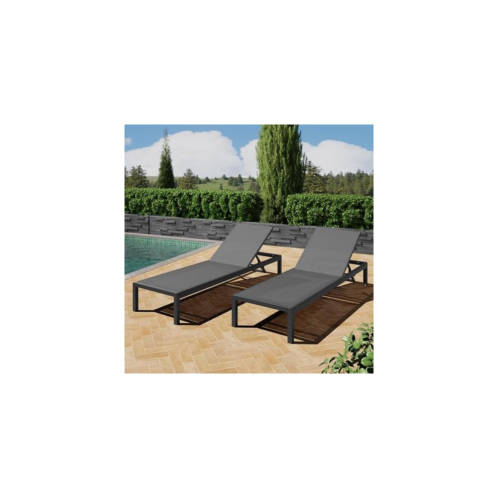 Merax Outdoor Patio Lounge Chair Set of 2, Chaise Waterproof Aluminum Adjustable, UV Resistant All Weather Use Chairs for Beach, Yard, Pool, Gray+White