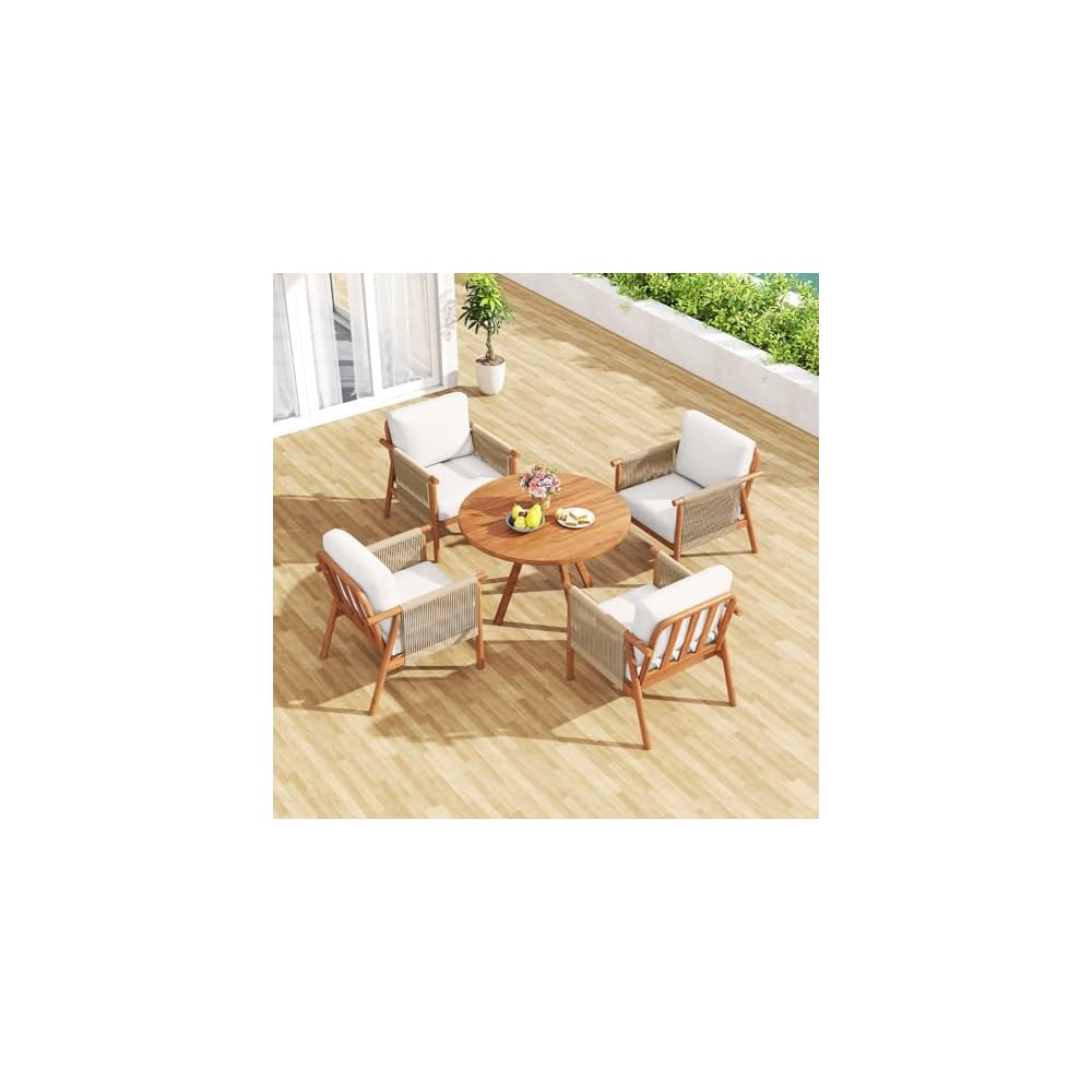 Tangkula Acacia Wood Patio Club Chair, Boho Accent Chair with Woven Rope Armrests & Seat Back Cushions, Indoor Outdoor Wooden Leisure Sofa for Backyard, Porch, Balcony, Living Room (White)
