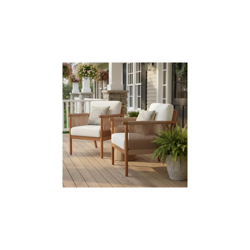 Tangkula Acacia Wood Patio Club Chair, Boho Accent Chair with Woven Rope Armrests & Seat Back Cushions, Indoor Outdoor Wooden Leisure Sofa for Backyard, Porch, Balcony, Living Room (White)