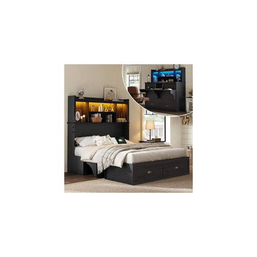 AMERLIFE Queen Murphy Bed with Bookcase Headboard & LED Light, Farmhouse Cabinet Bed with Storage Drawer, Charging Station and Desk for Home Office/Guest Room/Small Spaces, Black