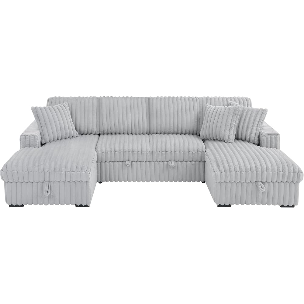 KEIKI U Shaped Sleeper Sofa 122" Oversized Sectional Couch with Pull Out Bed & Double Storage Chaise, Modern Rabbit Plush Corduroy Fabric Convertible Sofa Bed with Square Arms for Living Room, Gray