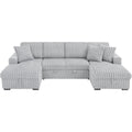 KEIKI U Shaped Sleeper Sofa 122" Oversized Sectional Couch with Pull Out Bed & Double Storage Chaise, Modern Rabbit Plush Corduroy Fabric Convertible Sofa Bed with Square Arms for Living Room, Gray