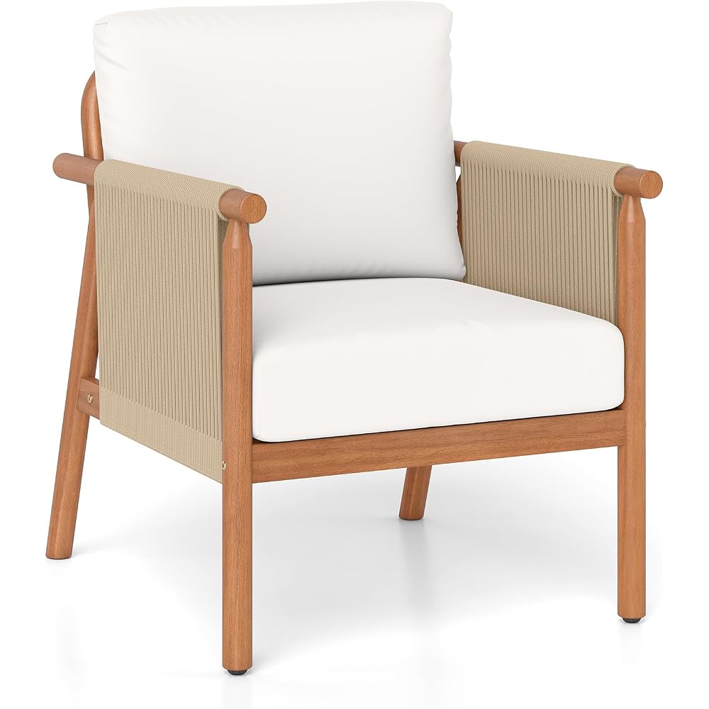 Tangkula Acacia Wood Patio Club Chair, Boho Accent Chair with Woven Rope Armrests & Seat Back Cushions, Indoor Outdoor Wooden Leisure Sofa for Backyard, Porch, Balcony, Living Room (White)