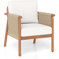 Tangkula Acacia Wood Patio Club Chair, Boho Accent Chair with Woven Rope Armrests & Seat Back Cushions, Indoor Outdoor Wooden Leisure Sofa for Backyard, Porch, Balcony, Living Room (White)