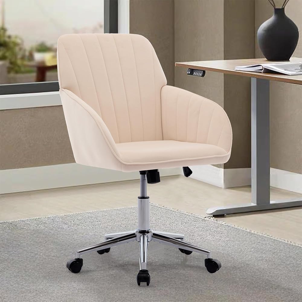 Adjustable Office Chair, Ergonomic Swivel Chair with Backrest, Comfortable Velvet Cushion for Long Sitting, Khaki, Ideal for Home and Office Use