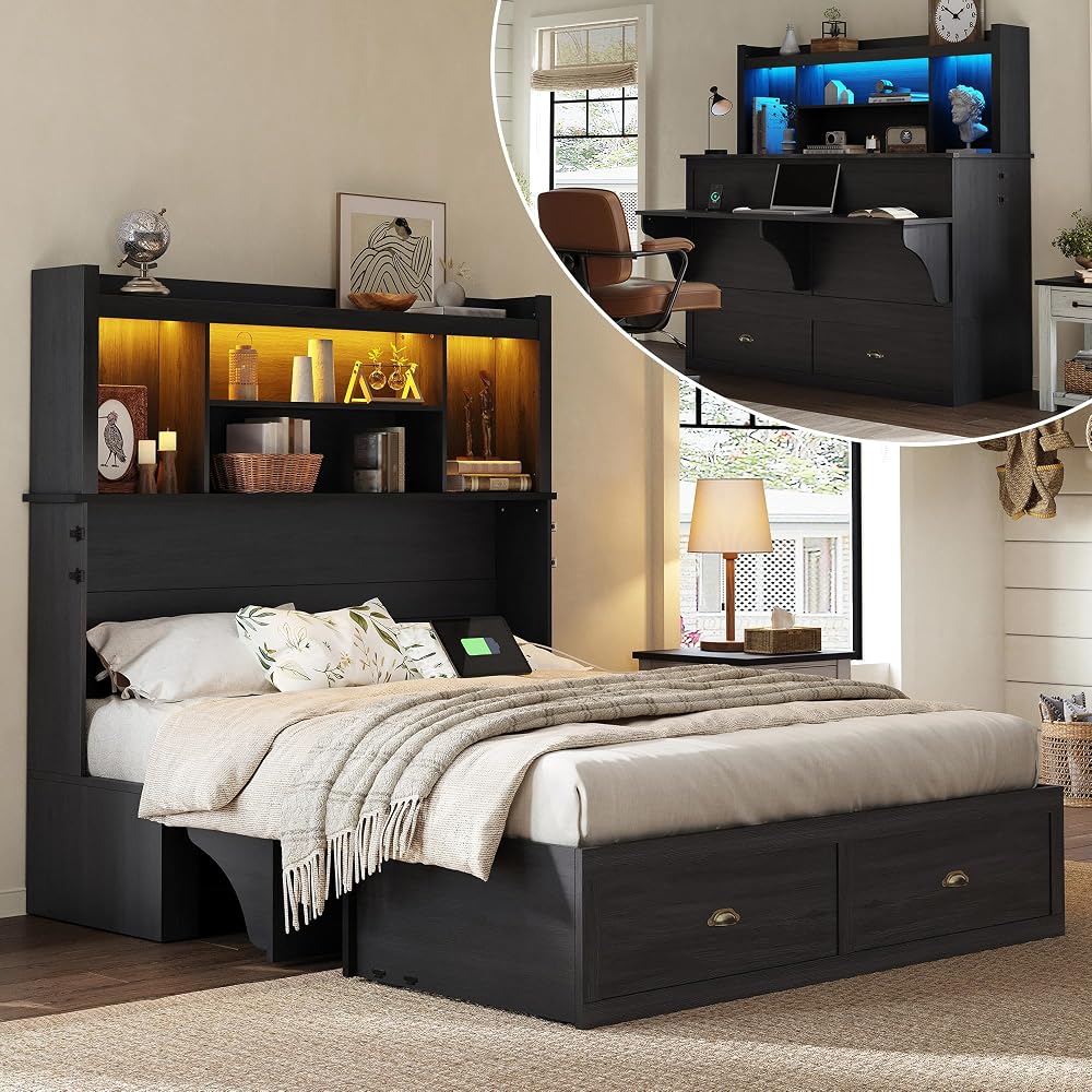 AMERLIFE Queen Murphy Bed with Bookcase Headboard & LED Light, Farmhouse Cabinet Bed with Storage Drawer, Charging Station and Desk for Home Office/Guest Room/Small Spaces, Black