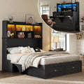 AMERLIFE Queen Murphy Bed with Bookcase Headboard & LED Light, Farmhouse Cabinet Bed with Storage Drawer, Charging Station and Desk for Home Office/Guest Room/Small Spaces, Black
