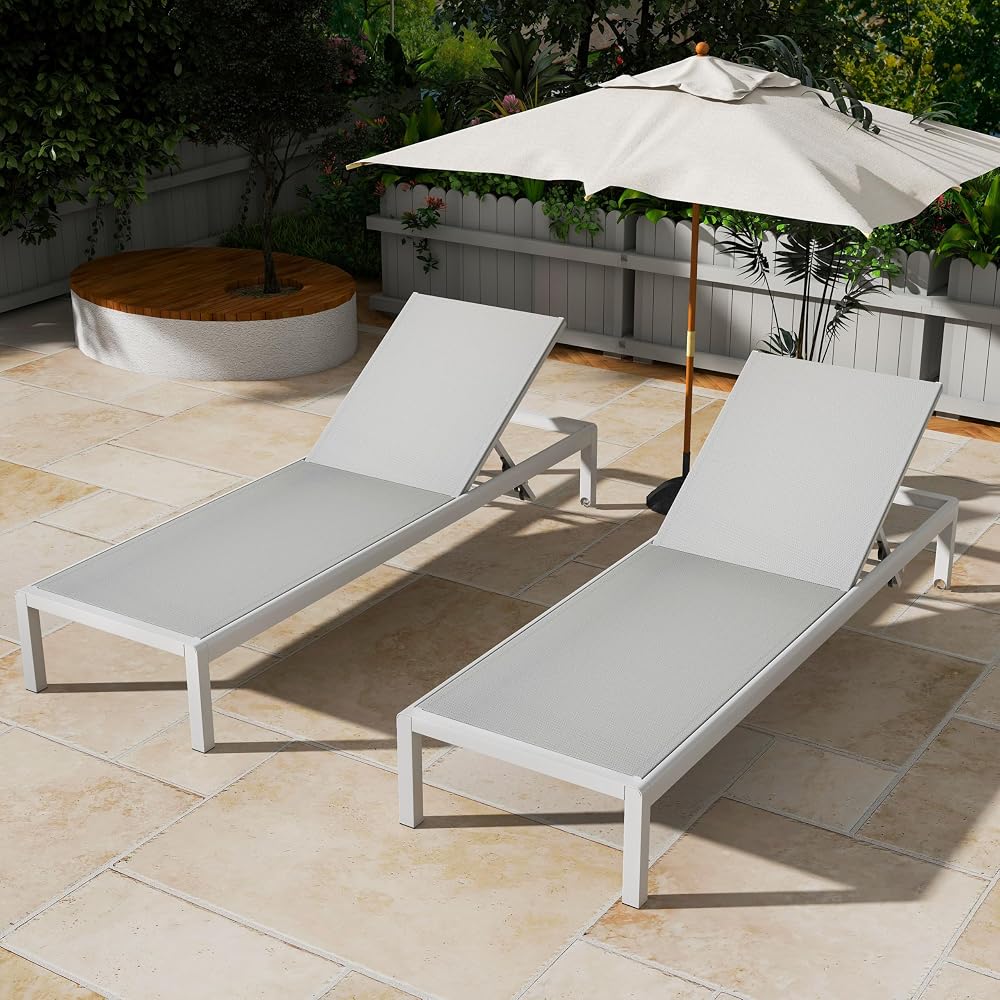 Merax Outdoor Patio Lounge Chair Set of 2, Chaise Waterproof Aluminum Adjustable, UV Resistant All Weather Use Chairs for Beach, Yard, Pool, Gray+White