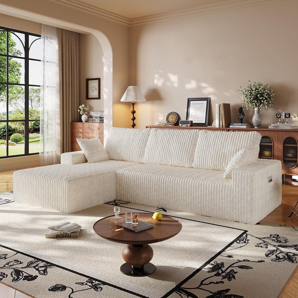 108" Modular Sectional Cloud Cream Couch for Living Room Deep Seat L Shapes Boneless Couch with Oversized Chaise Lounge, Comfy Memory Foam Flannel Fabric Sofa for Bedroom Apartment